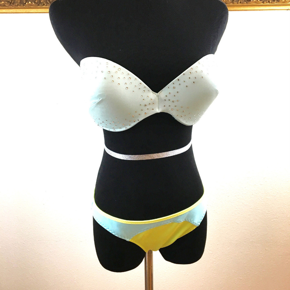 Bling Bandeau Push Up Blue Green Bikini Swim Set M